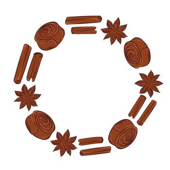 Circular frame border with flat style cinnamon bun, sticks and star anise spice on white background with empty center space for spice design. vector