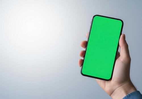 Bosquejo hombre mano participación utilizando inteligente teléfono con verde blanco pantalla, móvil aplicación, publicidad, en línea marketing, bandera, negocio, tecnología, personas contacto, vacío espacio, Copiar espacio foto