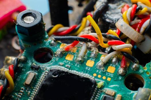 A close-up macro shot of the flight controller of a self-assembled drone built on a carbon fiber frame with exposed electronics. photo