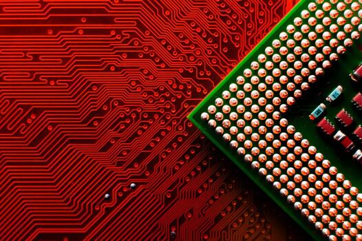 Electronic circuit background. Macro photo of red printed circuit board with contact pads. Macro photo of a computer motherboard. Digital components