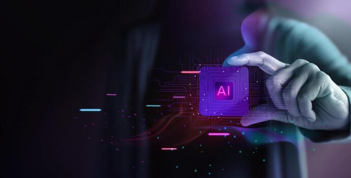 ai chip en mano en un oscuro tecnología futurista temático artificial inteligencia, avanzado tecnología, y digital innovación foto