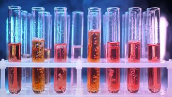 Dynamic science experiment with colorful liquids in test tubes for innovative research video