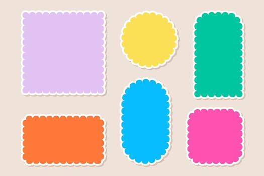 Set of colorful stickers with scalloped edges. Blank label collection for note, memo, planner, scrapbooking, packaging, and decorative design. vector