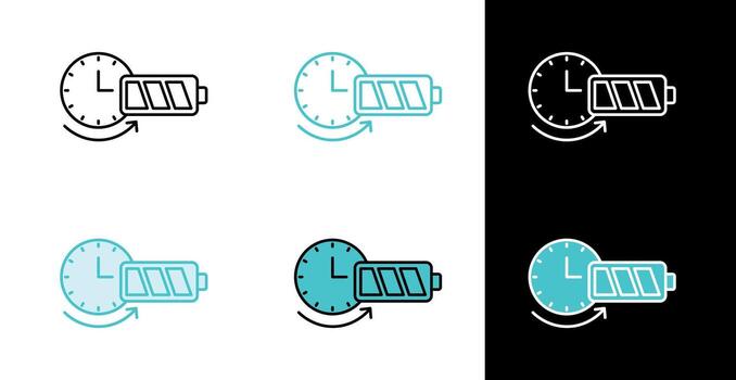 Battery with clock icon for charging time and power management in line and fill style vector