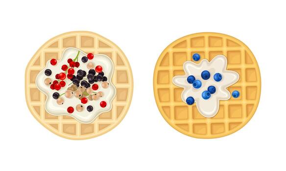 Waffle with Surface Impression Topped with Berry and Cream Set vector