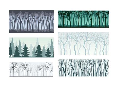 Tree Silhouette with Tall Trunk and Branched Top as Misty Forest Horizontal Backdrop Set vector
