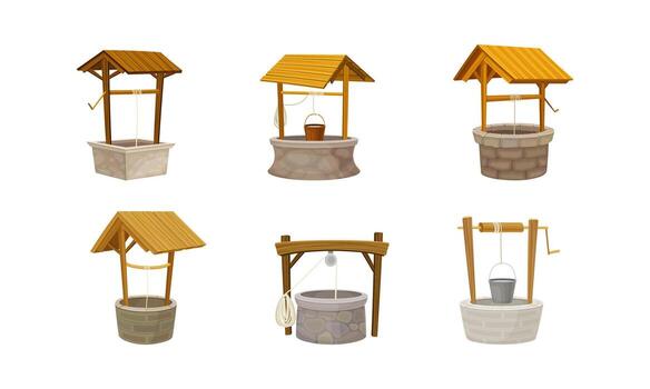 Well as Stone or Wood Structure in the Ground for Accessing Water with Bucket Raising by Hand Using Winch Set vector