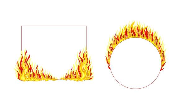 Fire Round and Rectangular Frame with Hot Burning Tongue of Flame and Border Line Set vector