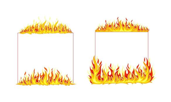 Fire Frame with Hot Burning Tongue of Flame and Border Line Set vector