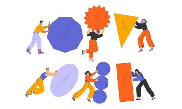People interacting with colorful geometric shapes vector