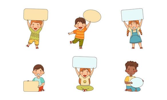 Smiling Kids Holding Empty Oval and Rectangular Plaque Set vector