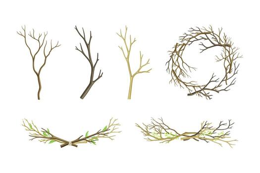 Bare Tree Branch Tied in Semi Circle and Wreath Set vector