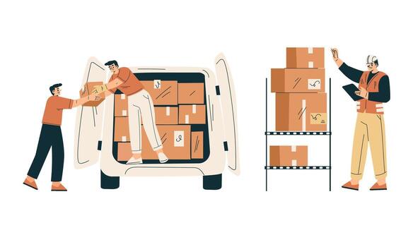 Delivery team working with packages vector