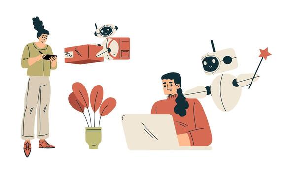 Robots assisting people in various tasks vector