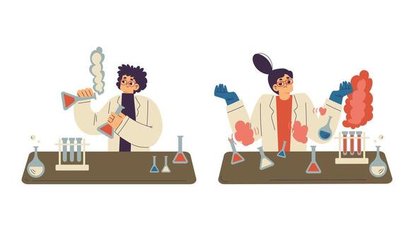 scientists experimenting with colorful chemicals vector