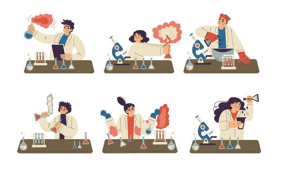 Scientists performing colorful lab experiments vector