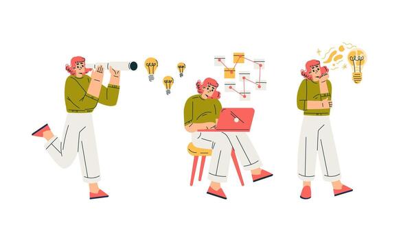 explorador el creativo pensando proceso mediante ideas y innovación en varios campos vector