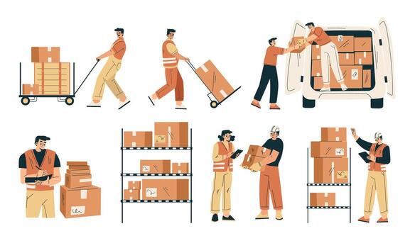 Workers handling packages in a warehouse vector