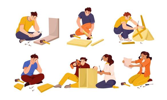 People working on woodworking projects vector