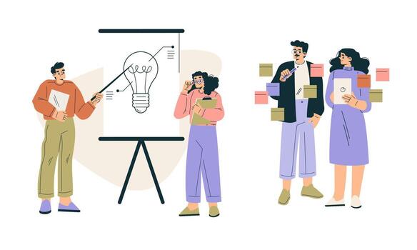 Team brainstorming with ideas and presentations vector