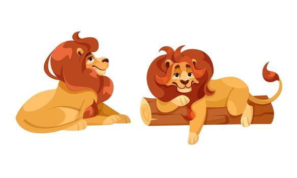 A delightful scene featuring playful cartoon lions happily relaxing in a lush forest setting vector