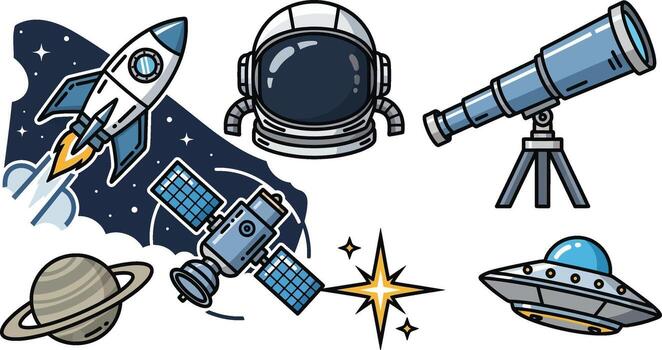 cósmico aventuras elementos astronave casco telescopio satélite OVNI planeta vector