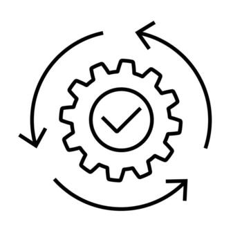 Process Optimization Icon with Gear and Arrows. Production system. Efficiency, Automation, Workflow Improvement, Quality Assurance, Productivity Symbol. Black Line Style Isolated vector