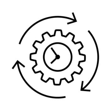 Clock inside gear with circular arrows. Editable stroke. Time management icon. Workflow optimization symbol. Linear outline illustration for automation, productivity, and process control concepts. vector