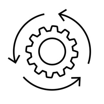 engranaje con circular flechas icono. rotación ajustes símbolo. proceso automatización signo. flujo de trabajo organización icono. negro línea estilo ilustración para web, aplicación, ui, ux, y Ingenieria proyectos vector