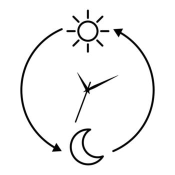 Clock with sun and moon cycle icon, day and night time concept, circular arrows showing daily routine, schedule and time management symbol. Editable stroke. Illustration for design and infographic vector