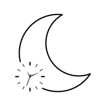Moon with clock symbol representing circadian health and night cycle. Minimal line art illustration concept of sleep, biological rhythm, rest and wellness design for science and lifestyle projects vector