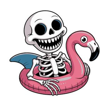 A cartoon skeleton joyfully sits on a pink flamingo pool float against a plain background vector