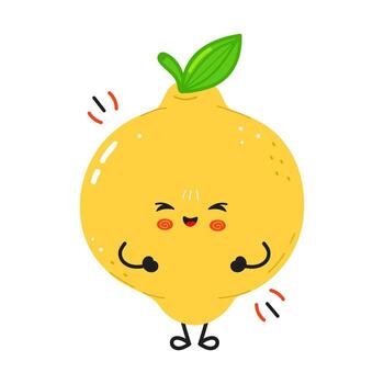 Cute cartoon lemon character with a happy expression and a green leaf. vector