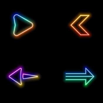 neon style arrows icon pack. thin line comparison, up right arrow, transfer, neon double arrow, undo, bottom right, upload, enlarge icons suitable for apps and websites vector