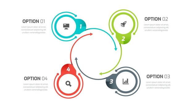 Minimal Business Infographic Presentation with 4 Circle Labels, Icons, Arrows for Presentation vector