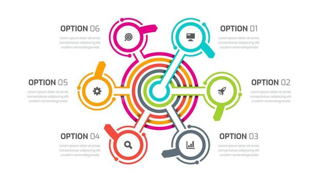 Business Infographic Presentation with Lines, 6 Circles Number and Icon vector