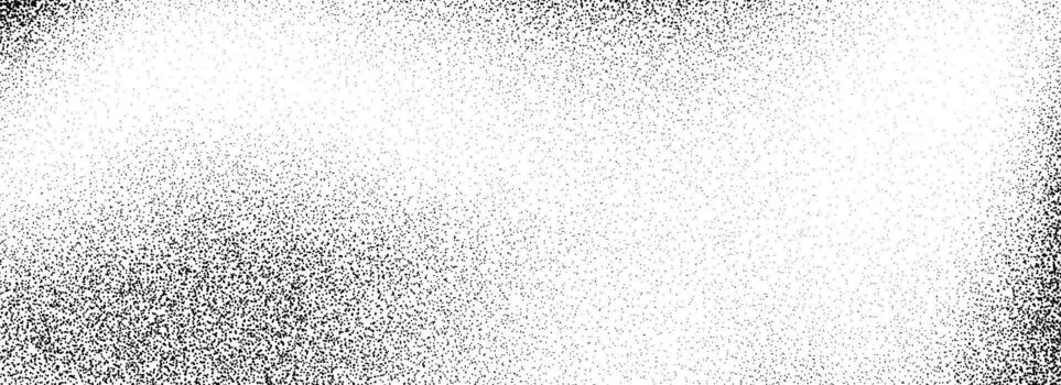 Black dotted grain gradient texture. Stipple gritty sand overlay. Grunge sprayed noise background. Rough distressed dot work backdrop with dust, particles, speckles. Subtle grit speck wallpaper vector