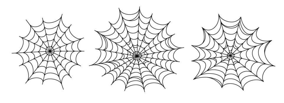 Black spooky spider web set. Creepy cobweb collection. Halloween frame and borders elements for banner, poster, decoration. Linear scary tangled net bundle. Haloween outline pack vector