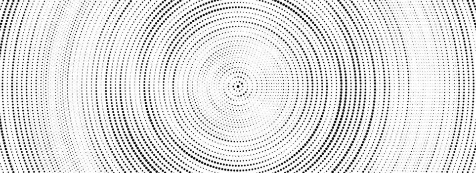 Black halftone concentric circle texture. Rippled repeating sound wave ring wallpaper. Dots radial gradient background. Rasterized backdrop for epicenter, target, radar signal, vibration vector