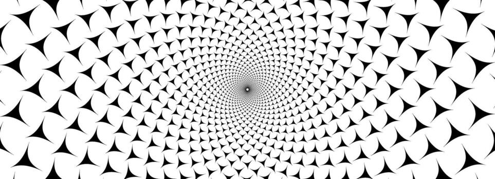 Black and white optical illusion background. Hypnotic rotating sharp triangles surface. Spinning spiral arrow poster design. Abstract trippy illusion wallpaper for banner, template design. vector