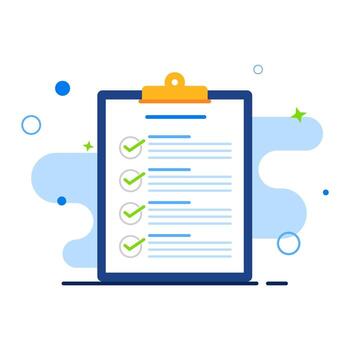 Efficient task management concept with a digital clipboard displaying a completed checklist and green checkmarks, symbolizing successful project planning and survey results vector