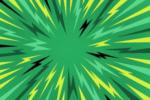 Manga thunder background forms anime comic line burst with radial perspective on green pop art texture. Manga thunder bg suits lightning effect, speed action frame, or abstract cartoon design. vector