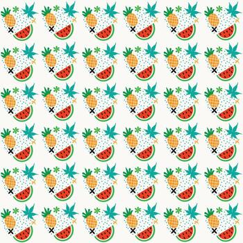 Beautiful seamless patterns with watermelon, pineapple, flowers, leaves, abstract elements for fabric, textile and all prints. vector