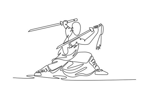 Continuous one line drawing man in powerful horse stance, wielding two long swords, balance dynamic combat traditional Shaolin Kung Fu weapon form. Single line draw design graphic illustration vector