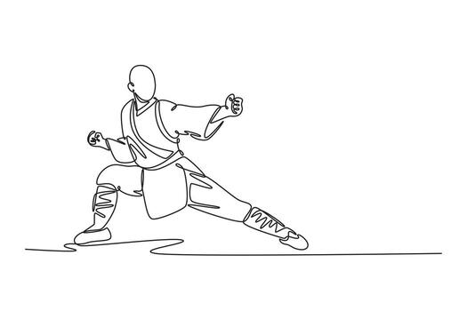 soltero continuo línea dibujo activo hombre en un bajo, amplio postura con apretado puños, poderoso Shaolin kung fu actitud ese transporta estabilidad, disciplina. uno línea dibujar gráfico diseño ilustración vector