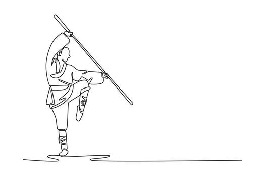 continuo uno línea dibujo masculino Shaolin kung fu Maestro equilibrio en uno pierna mientras participación personal, increíble disciplina y núcleo fuerza necesario para pose. soltero línea dibujar diseño ilustración vector