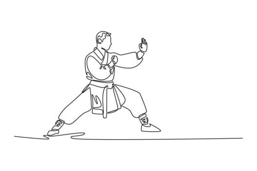 continuo uno línea dibujo hombre fuerte en poderoso caballo postura, con ambos brazos en defensivo guardia, increíble estabilidad fundamental Shaolin kung Fu. soltero línea dibujar diseño gráfico ilustración vector