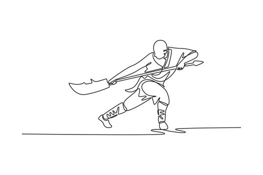 soltero uno línea dibujo experto masculino en dinámica postura, empuñando grande arma. disciplina, fuerza, intensidad de Shaolin kung fu rutina. moderno continuo línea dibujar diseño gráfico ilustración vector