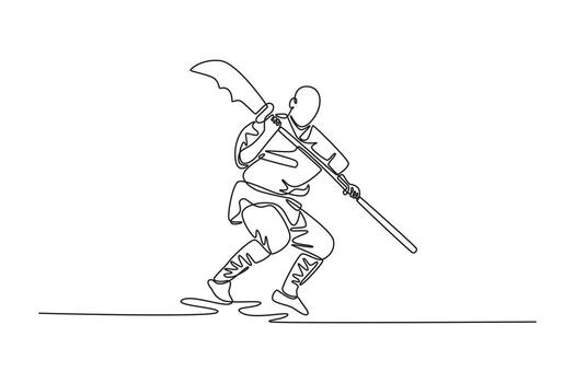 soltero uno línea dibujo hombre es en dinámica, de avance postura, participación pava dao terminado su hombro, fluido movimiento y poder de Shaolin kung Fu. continuo línea dibujar diseño gráfico ilustración vector