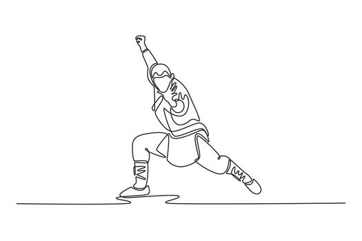 soltero continuo línea dibujo hombre en poderoso, bajo postura, con uno brazo elevado en Huelga o bloquear, fuerza y disciplinado formar de Shaolin kung Fu. uno línea dibujar gráfico diseño ilustración vector